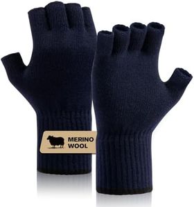Merino Wool Fingerless Gloves for Men & Women, Half Finger Glove Base Layer Warm with Thermal Soft Knit Liner for Hunting Fishing Hiking XL (Blue)