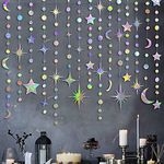 Iridescent Star Moon Circle Dot Garland Holographic Hanging Crescent Twinkle Little Star Streamer Bunting Banner for Birthday Ramadan EID Mubarak Wedding Bridal Baby Shower Party Decorations Supplies