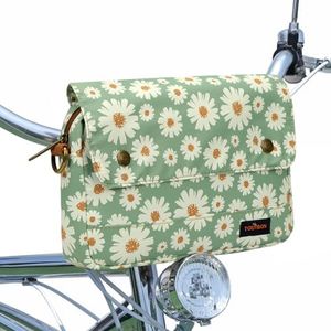 TOURBON Bike Bag Waxed Canvas Bicycle Handlebar Bag Zipper Closure Pouch Crossbar Front Frame Basket Cycling Saddebag Under Seat Strap-on Rear Rack Pannier (Light Green with Flower)