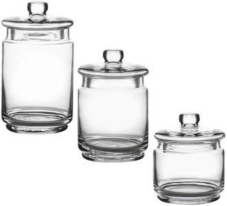 WHOLE HOUSEWARES | Glass Apothecary Jars with Lids | Set of 3 | Small Glass Jars for Bathroom Storage | Qtip Holder | Cotton Swab Holder | Glass Jars with Lids for Laundry Room, Makeup Desk, and Bathroom Organization