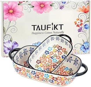 TAUFIKT Ceramic Casserole Dishes for Oven, Hand-painted Polish Pottery Baking Dish Set of 2, 0.8QT / 2QT Porcelain Casserole Dishes with Handles, Baking Pan Deep Lasagna Pan, Gift Set (Yellow)