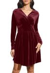 Jayscreate Women's V Neck Velvet Dress 2024 Long Sleeve Skater Flowy Elegant Tunic Wedding Guest Cocktail Party Dress Wine Red