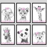 Safari Animals Set of 6 Baby Girls Unframed Nursery Prints, Bedroom Decor Wall Art Posters, Pink Floral, Giraffe Elephant Lion (A4)