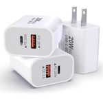 3-Pack USB C Charger Block, 20W Dual Port PD+QC Apple Charger Block Type C Fast Charger USB C iPhone Charger Fast Charging Block for iPhone 15 14 13 12 11 Pro Max,iPad Pro,Google Pixel,Samsung Galaxy