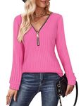 Gemulate Ladies Long Sleeve Tops V Neck Zip Jumper Women Ladies Lightweight Sweatshirt Ribbed Womens Sweaters Winter Top Hot Pink S