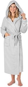 PAVILIA Plush Hooded Robe for Women | Light Grey, Fluffy Soft Bathrobe With Hood | Fuzzy Warm Spa, Cozy Fleece Long | Satin Trim, Small-Medium