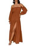 ZESICA Women's 2024 Boho Sexy Off Shoulder Long Sleeve Smocked High Waist Side Split Flowy A Line Tiered Long Maxi Dress, Caramel, Small