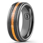 Men's Tungsten Carbide Wedding Band - Premium Grade Brushed Ring for Men (Black with Whiskey Barrel Wood Inlay) - Includes Silicon Band, Leather Drawstring Pouch, & Luxury Walnut Ring Box,