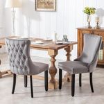 HomeTouch Lux Velvet Upholstered Kitchen Dining Chairs Set Tufted High Back Bedroom Office Chairs with Oak Wood Legs, Hand Made (2, Grey)