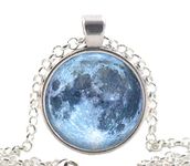 Silver Full Moon Necklace, Glass Photo Pendant, Unique Blue Outer Space Jewellery Gift for Her