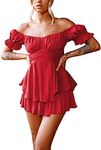 Fixmatti Summer Beach Romper Boat Neck Off Shoulder Short Sleeve Chiffon Mini Shorts Jumpsuits with Belt Red L