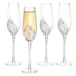 MyGift 6 oz Clear Glass Stemmed Champagne Toasting Flutes with Faux Pearls, Sparkling Wine Drinking Glasses for Wedding Bridal Shower Bachelorette Party, Set of 4