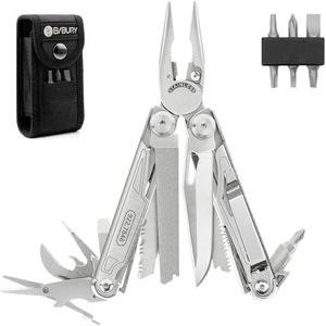 BIBURY Pince Multifonctions, 18 en 1 Multitools en Acier Inoxydable, Couteau Multifonction avec Poignée,Couteau Suisse pour Extérieur, Survie, Camping, Randonnée, Réparation Simple (Argent)
