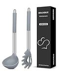 Silicone Pasta Fork and Soup Ladle Set, Non-Stick BPA Free Heat-Resistant Handy Kitchen Utensils for Cooking, Serving, Draining, Stirring (Grey)