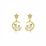 El Regalo Golden Moon, Pearl, Cat, Flower, Wings Dangle Earrings For Girls & Women- Temperament Pearl Cherry Cat Rhinestone Earring Girl Party Jewelry Gift (Cat & Star Earrings)