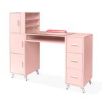 OmySalon Manicure Table Nail Desk for Nail Tech w/Glass Top & Wrist Rest, Beauty Salon Nail Supplies Decor Workstation Acetone Resistant w/3 Side Cabinet+3 Drawers+3 Layers Open Cabinet+1 Open Drawer