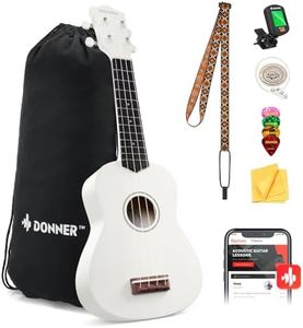 Donner Soprano Ukulele for Beginner 21 Inch Matte Ukulele Beginner Kit with Bag Strap Tuner Strings Picks Cloth, Free Online Lessons (White)