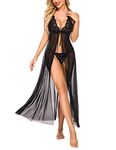 Softwrap Women Lingerie Lace Babydoll High Split Maxi Long Gown Maternity Dress Night wear Sleep wear Nighty for Honeymoon (Small, Black)