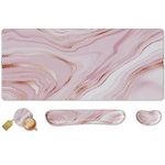 4 in 1 Extended Mouse Pad Set, Keyboard Wrist Rest Support Mouse Wrist Cushion Cute Coaster, Memory Foam Ergonomic Easy Typing, Large Desk Pad Set for Home Office Game(Pink Marble)