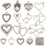 SUNNYCLUE 1 Box 90Pcs 15 Styles Heart Charms Hearts Charm Antique Silver Hollow Love Charms Tibetan Style Alloy Mother's Day Charm for Jewelry Making Charms Valentine's Day Gifts Handmade Crafting