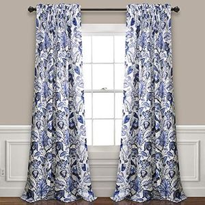 Lush Decor Cynthia Jacobean Darkening Window Curtains Panel Set for Living, Dining Room, Bedroom (Pair), 95" L, Blue