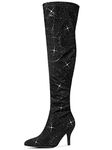 Allegra K Women's Glitter Pointed Toe Stiletto Heels Over the Knee High Boots Black 4 UK/Label Size 6 US