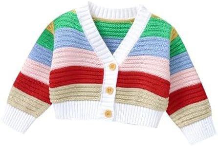 Hadetoto Baby Sweater Cardigan Knit Spring Coat Long Sleeve Cardigan V-Neck Outfits for Baby Girl, Red-rainbow, 12-18 Months