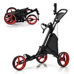 COSTWAY 3 Wheel Golf Push Pull Cart, Lightweight Foldable Golf Trolley with Adjustable Height Handle, Umbrella Stand, Insulation Storage Bag, Cup Holder and Foot Brake (Red)