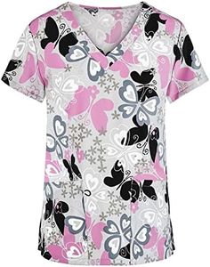 DNKZWUPUP Scrubs for Women Tops Plus Size V-Neck Short Sleeve Scrub Tops Stretch Cute Print Nursing Shirts Petite Holiday Nurse Medical Uniforms with Pockets #12-Hot Pink L
