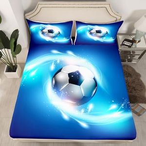 Erosebridal Sports Theme Fitted Sheet Football Pattern Sheet Set for Kids Boys Girls Teens Soccer Game Bedding Set Blue Bling Luxury Bed Cover Full Size 1 Fitted Sheet with 2 Pillow Cases