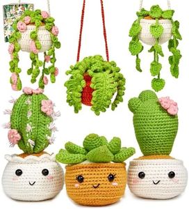 Plant Family DIY Crochet Kit, Beginner Amigurumi Craft Set with Video Tutorial, 6 Hanging Potted Plants Design, Complete Yarn Knitting Set with Tools, 3-6 Inch Size