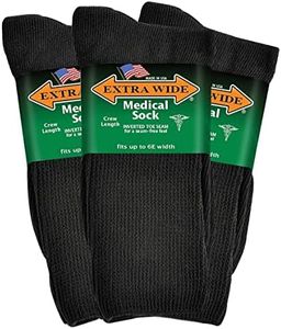 Extra Wide Men's Black Medical (Diabetic) Mid Calf Crew Sock, Shoe Size 8-11 Up to 6E Wide 3PK, Antimicrobial, Made in USA!