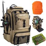 Goture Fishing Backpack 40L Tackle Rucksack Insulated Fishing Bag with Cooler, 900D Oxford Fabric with Rod Holder, Organised Storage Compartments, Rain Cover, Includes 2 Tackle Boxes B Khaki