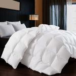 WhatsBedding Puffy White Goose/Duck Feather Down Comforter Queen Size, Feather Down All Season Duvet Insert, 100% Cotton Luxury Hotel Collection, 4 Corner Loops, Gold Piping, 90x90 in