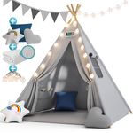 Spielwerk® Kids Teepee with Fairy Lights | Baby Toy Play Tent | 2.5cm Thick Play House Mat | 3 Cushions | 130x130x160cm | Cotton Carry Bag | Toddler Toys | Pearl Grey
