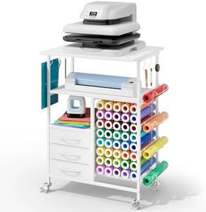 Homsorout Movable Heat Press Table - 6-Tier Heat Press Stand with Drawers and Vinyl Roll Holder, Craft Cabinet Table Compatible for Cricut Craft Cutting Machine Stand Workstation (White)