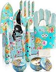 Gardening Gifts For Women, 6Pcs Garden Tools Set with Floral Print, included Trowel Fork Scissors 2 Candles and Gloves, Mother's day Birthday Gifts for Mum for Ladies Gardener (Blue)