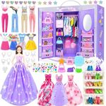 75Pcs Doll Clothes and Accessories with Doll Closet for 11.5 Inch Doll Dress up Set with 1 Doll Fashion Dresses Outfits Tops and Pants Shoe Rack Bags Gift Toy for Girls 4 5 6 7 8 9 10 Years