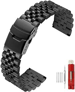 SINAIKE Super Brushed & Polished 3D Solid Black Stainless Steel Watch Bracelet Band 24mm Metal Band Security Double Deployment Buckle