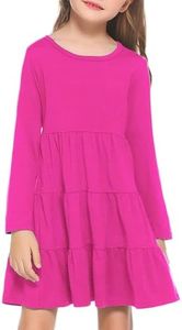 Arshiner Girls Long Sleeve Dress Fall Cotton Crewneck Tiered Ruffle Swing Solid Casual Midi Dresses Fuchsia 5T