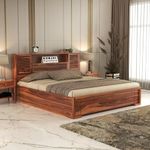 Kunjal Furniture Solid Sheesham Wood Queen Size Bed with Headboard & Box Storage - Handcrafted Wooden Bed for Bedroom - Ideal for Home (Honey Finish)