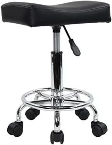 KKTONER Square Rolling Stool PU Leather Height Adjustable Swivel Massage SPA Salon Stools Task Chair with footrest (Black)