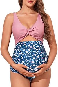 Summer Mae Maternity Cutout One Piece Swimsuit Twist Front Criss-Cross Bathing Suit High Waisted Pregnancy Swimwear, Pink Blue Bouquet, Medium