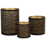 Set of 3 Black and Gold Metal Decorative Hurricane Votive Candle Holders . Elegant Lantern Style Centerpiece - Accents for Weddings Functions and Home décor Room