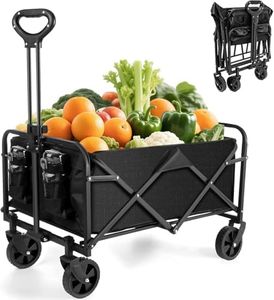 Collapsible Folding Wagon Trolley, Heavy-Duty Utility & Grocery Cart, 100kg Load, Compact Storage, All-Terrain 360° Wheels, Removable Liner, Adjustable Handle – Camping & Gardening (Black)
