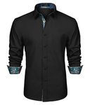 HISDERN Mens Business Dress Shirts Long Sleeve Casual Button Down Shirt Formal Inner Collar Contrast Shirt for Men Wedding, Black / Aqua, Small