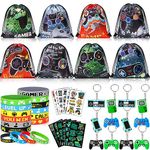 vamei 48pcs Gaming Party Bag Fillers with Miner Party Drawstring Bags Keychain Silicone Bracelet Tattoo Stickers Gamer Party Favours Miner Party Supplies Pinata Goodie Bag Fillers for Kids Boys