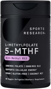 Sports Research® 5-MTHF (L-Methyl Folate) 1000mcg – Methlated Forms of Vitamin B12 & B9 w/Coconut MCT Oil for Better Absorption - Vegan Certified · Non-GMO · Gluten Free - 90 Veggie Softgels