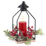 Rhytsing Christmas Table Centerpieces, Decorative Lantern with Real Wax Red LED Flameless Candle and Christmas Cedar Candle Ring, Battery Powered Metal Hanging Lanterns with Timer Function