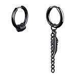 Mens Hoop Earrings With Feather Chain Dangle Black 316L Stainless Steel Punk Hip Hop Rock Gothic Style Kpop Earrings For Men Women (Black-Feather)